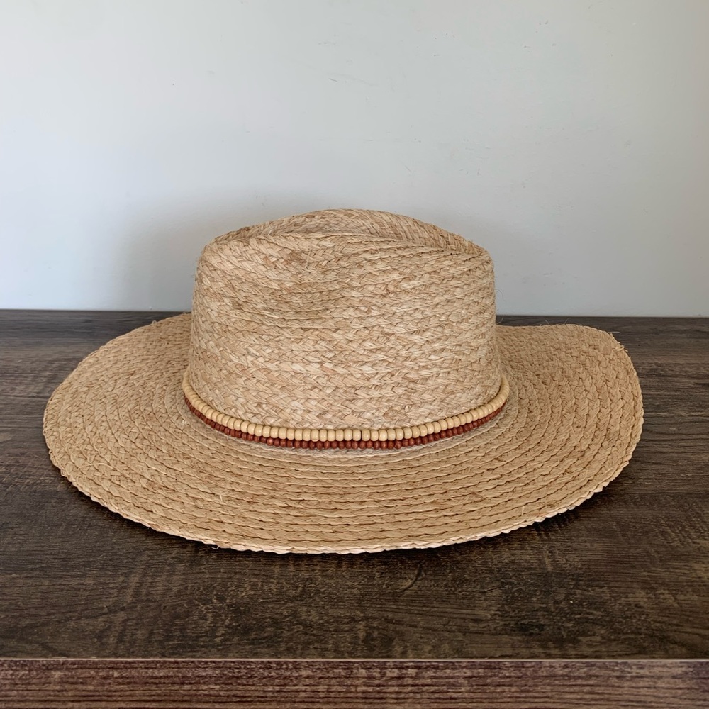J. McLaughlin Bethany Raffia Hat Straw Sun in Natural Two Tone Beaded Trim